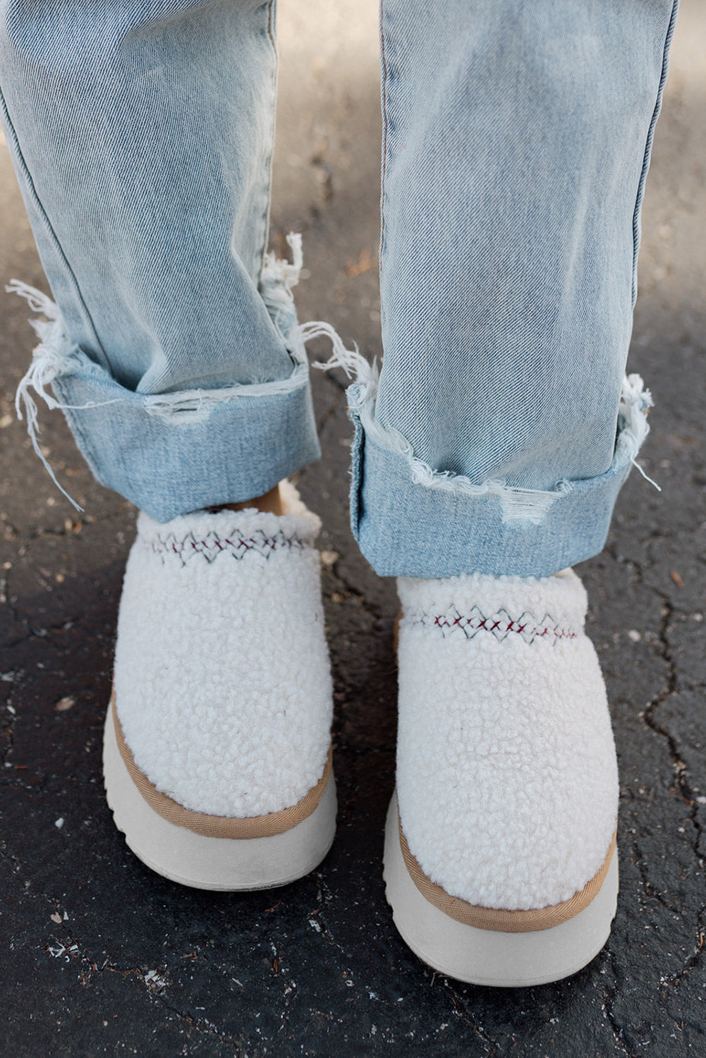 White Embroidered Sherpa Plush Thick Sole Winter Mules