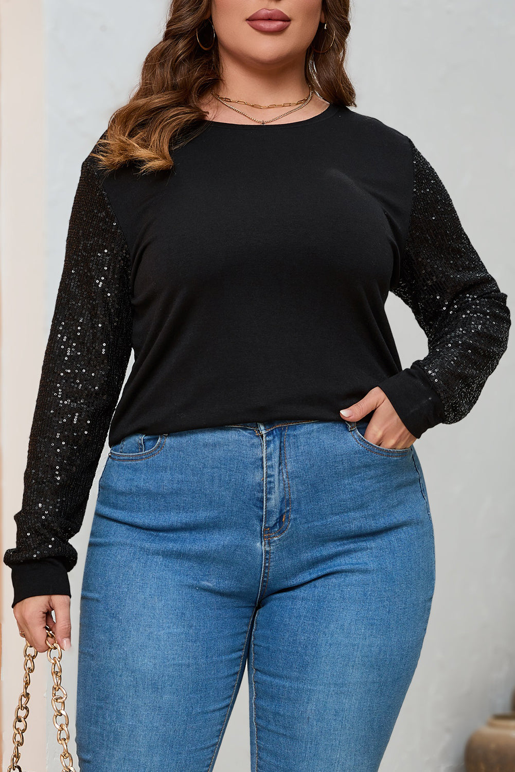 Black Sequin Contrast Long Sleeve Plus Size Top - SELFTRITSS