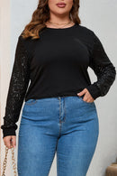 Black Sequin Contrast Long Sleeve Plus Size Top - SELFTRITSS   