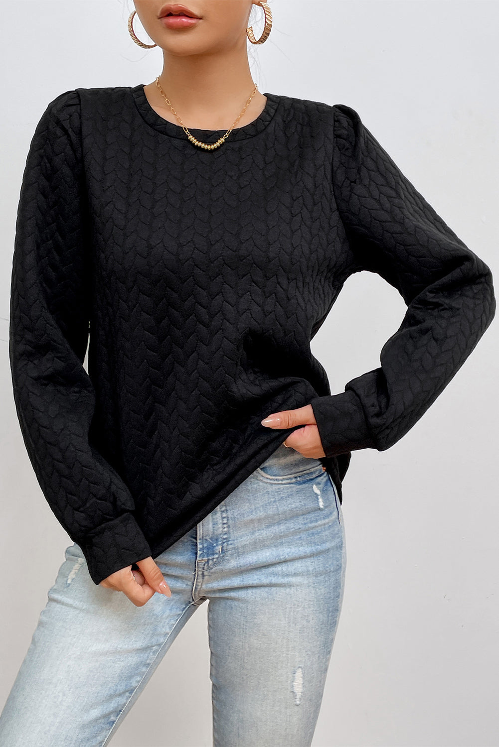 Black Cable Textured Puff Sleeve Sweatshirt - SELFTRITSS