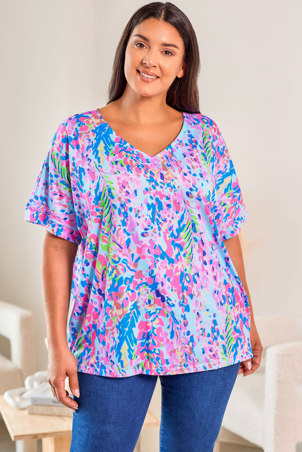 Sky Blue Plus Size Plant Print V Neck T-shirt - SELFTRITSS