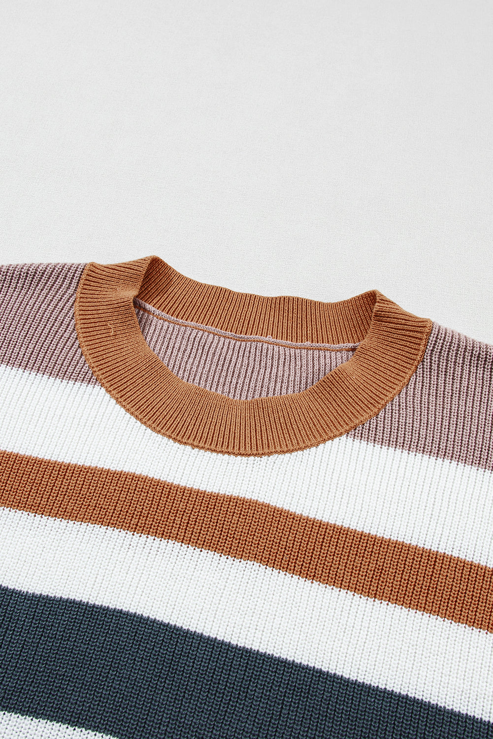 Camel Striped Knit Crew Neck T Shirt Sweater - SELFTRITSS   