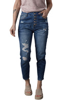 Blue Distressed Button Fly High Waist Skinny Jeans - SELFTRITSS