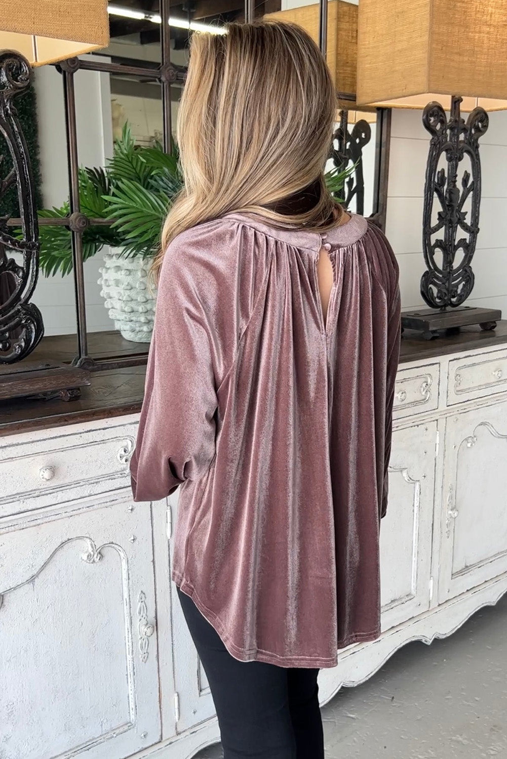 Rose Tan Button Keyhole Back Velvet Swing Top - SELFTRITSS