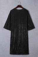 Black Sequin 3/4 Sleeve Open Front Duster Kimono - SELFTRITSS   