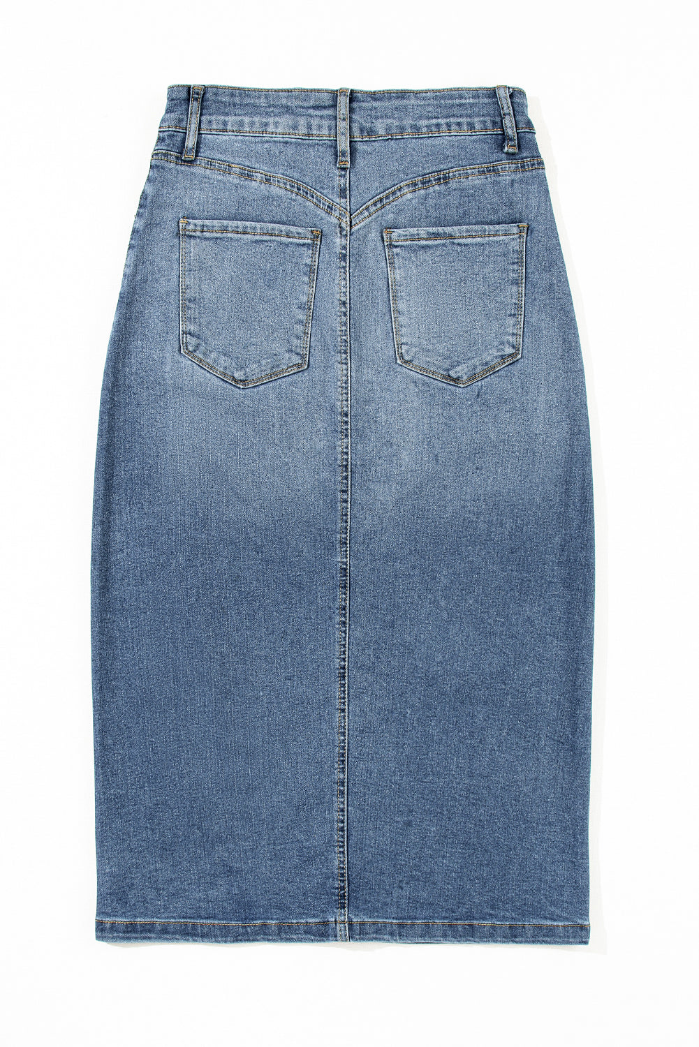Sky Blue 4 Patch Pockets Front Slit Midi Denim Skirt - SELFTRITSS