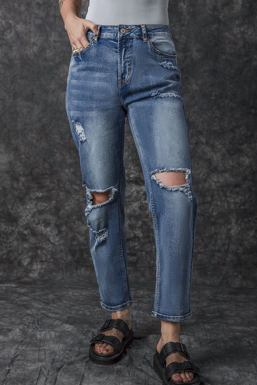 Sky Blue Open Knee Cutout Straight Leg Jeans - SELFTRITSS