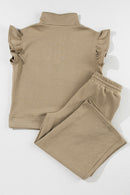 Pale Khaki Textured Flutter Sleeve Top Wide Leg Pants Set - SELFTRITSS