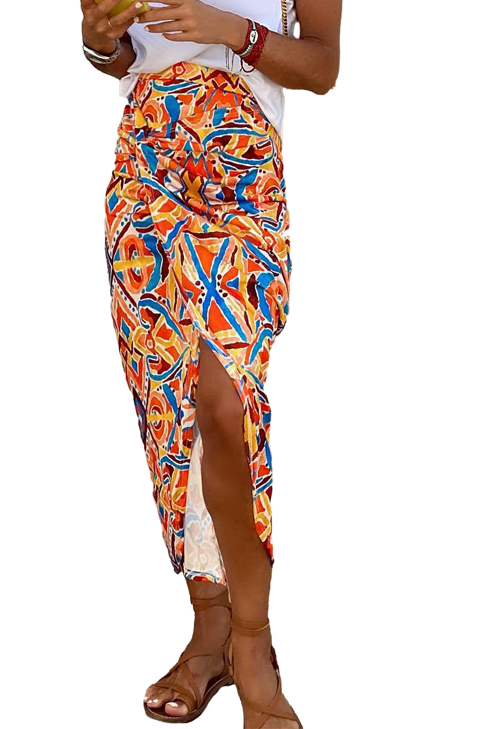Yellow Geometric Abstract Print Slit High Waist Maxi Skirt - SELFTRITSS