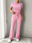 Round Neck Short Sleeve Top and Pants Set - SELFTRITSS
