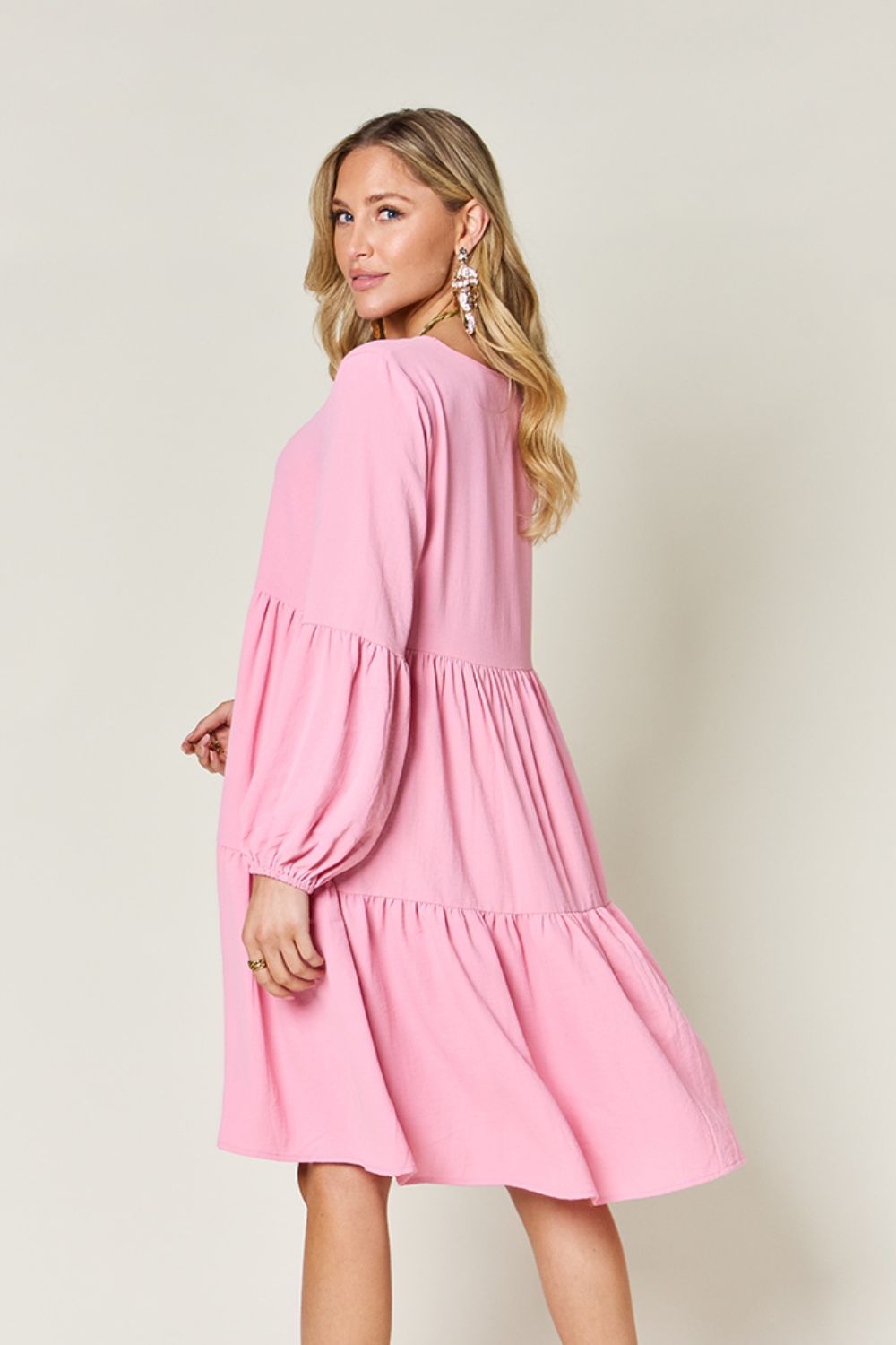 Double Take Full Size V-Neck Balloon Sleeve Tiered Dress - SELFTRITSS