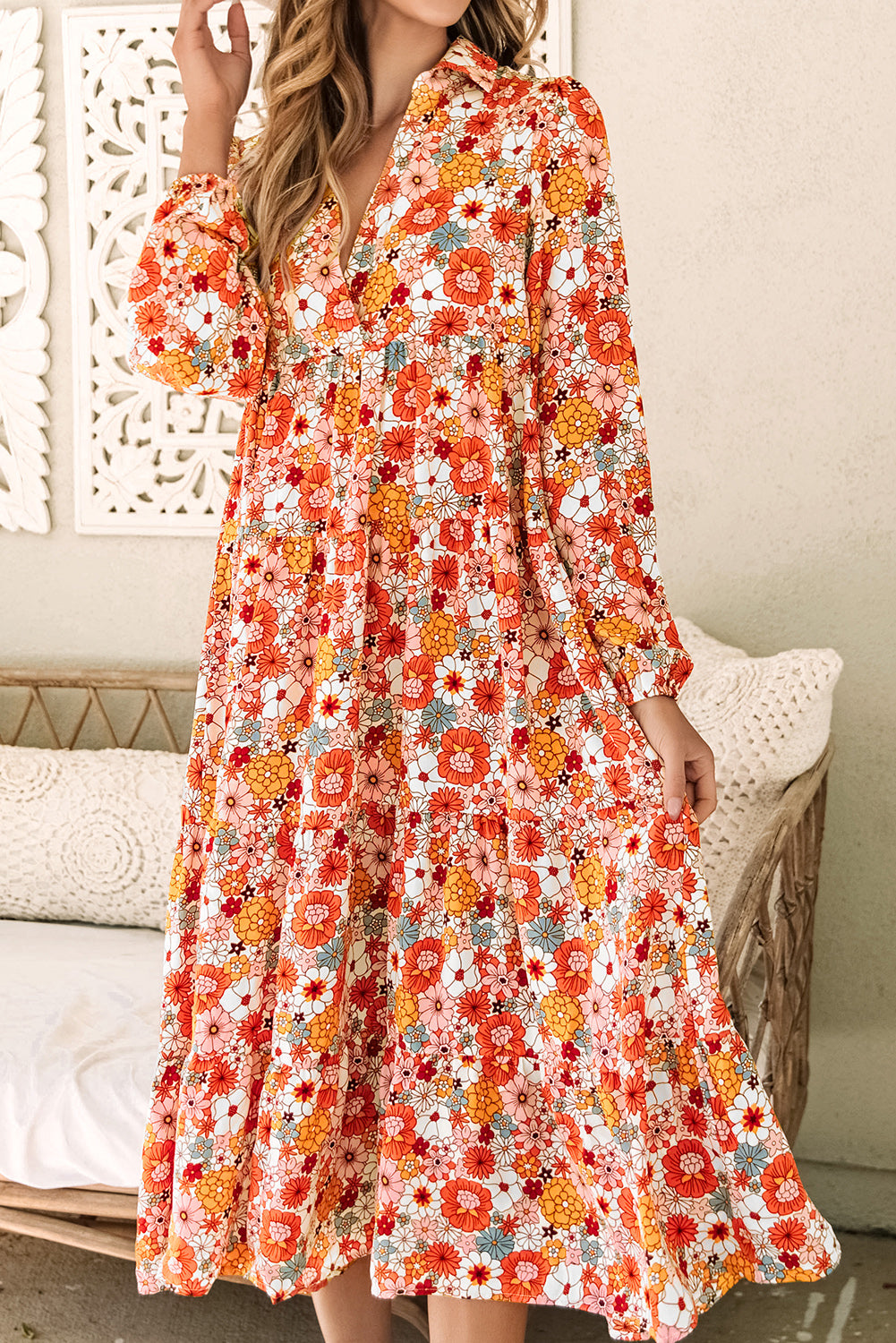 Multicolor Boho Floral Collared Long Sleeve Ruffled Dress - SELFTRITSS
