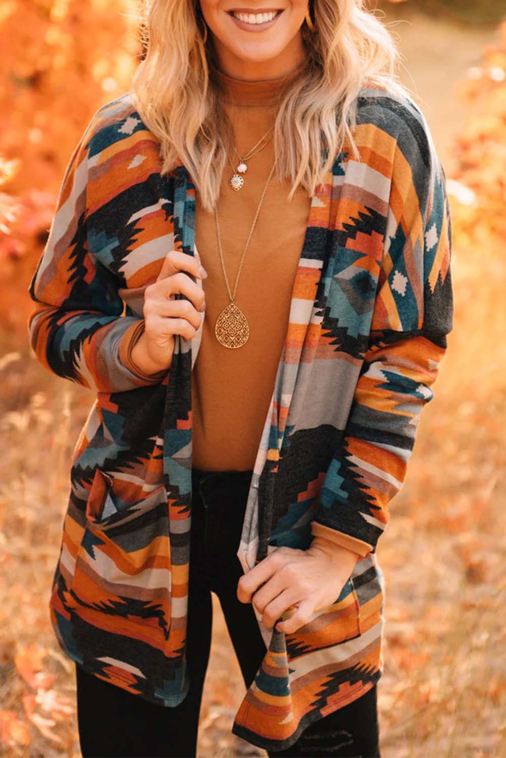 Orange Western Tribal Aztec Print Cardigan - SELFTRITSS   