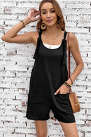 Black Adjustable Straps Pocketed Textured Romper - SELFTRITSS   