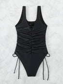 Drawstring Scoop Neck Wide Strap One-Piece Swimwear - SELFTRITSS