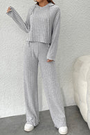 Gray Ribbed Knit Slouchy Hoodie Wide Leg Pants Set - SELFTRITSS