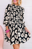 Black Floral Print Smocked Bracelet Sleeve Mini Dress - SELFTRITSS