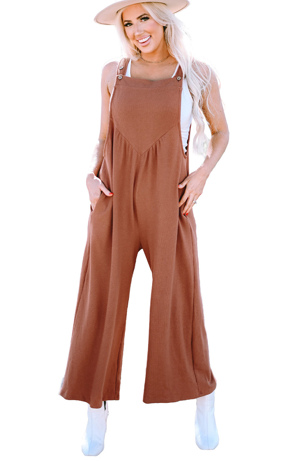 Gold Flame Textured Buttoned Straps Ruched Wide Leg Jumpsuit - SELFTRITSS   