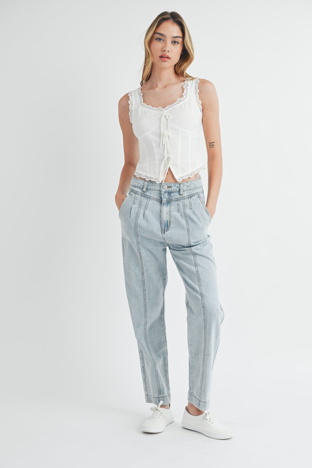 MABLE Pleated Front Detail Straight Jeans - SELFTRITSS   