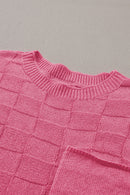 Bright Pink Lattice Textured Knit Short Sleeve Sweater - SELFTRITSS   