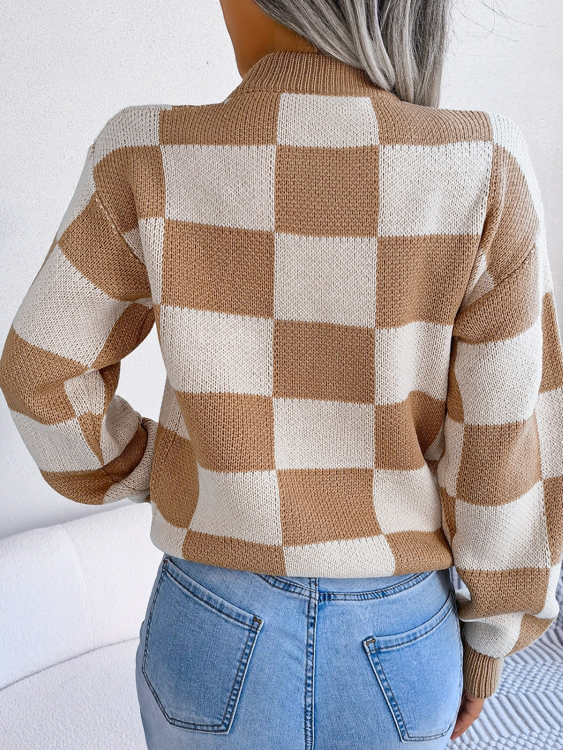 Checkered Mock Neck Long Sleeve Sweater