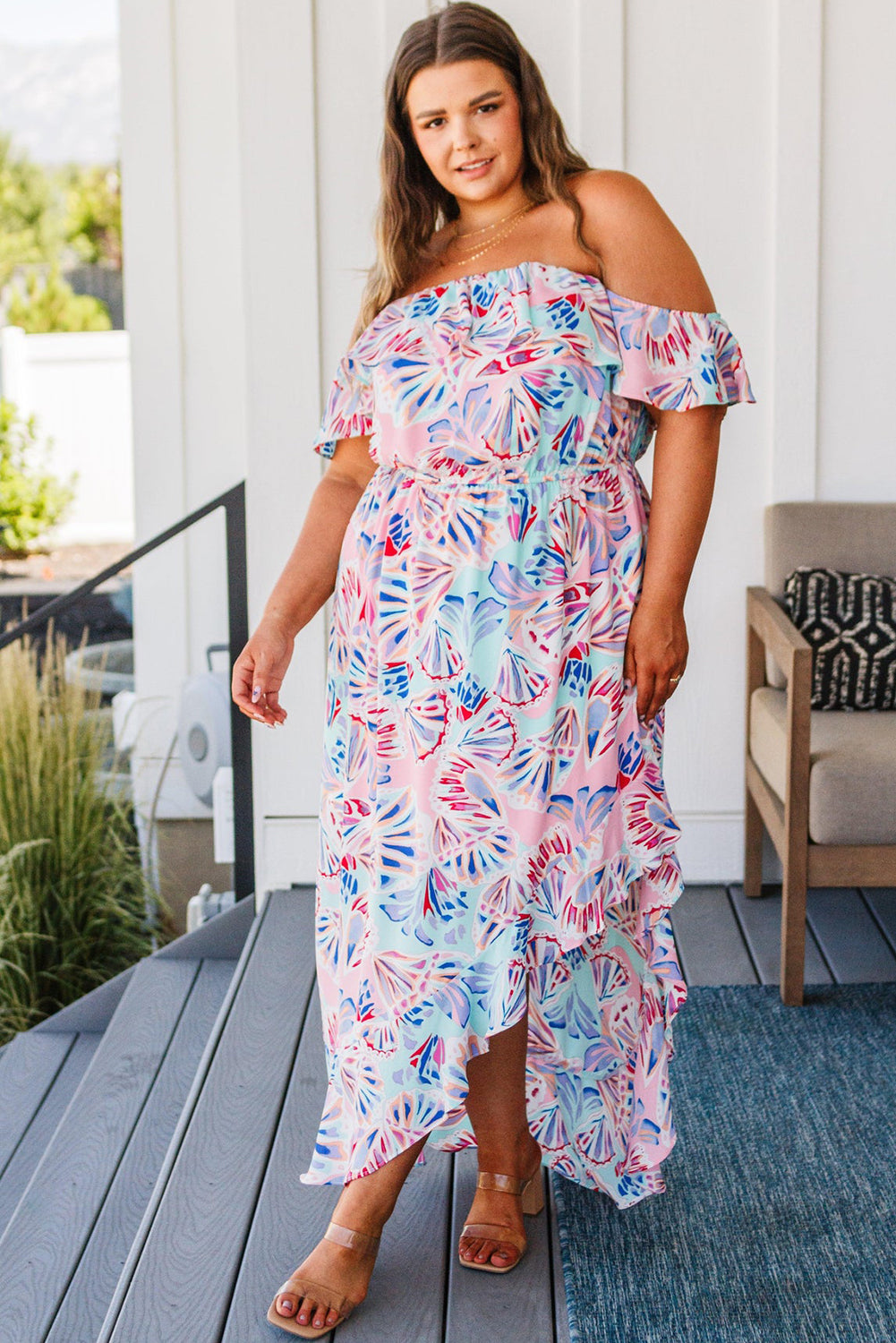 Pink Sea Shell Print Ruffled Sleeve Plus Size Maxi Dress - SELFTRITSS