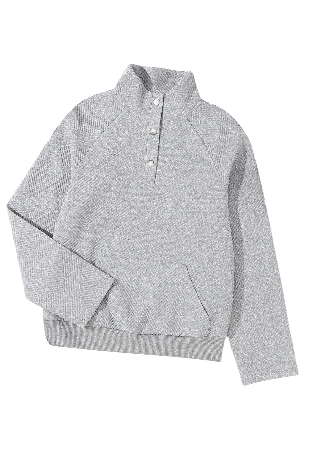 Light Grey Textured Knit Buttoned Kangaroo Pocket Sweatshirt - SELFTRITSS