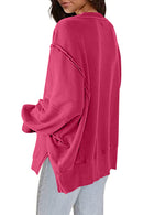 Rose Exposed Seam Drop Shoulder Slit High Low Hem Sweatshirt - SELFTRITSS