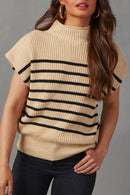 Parchment Striped Ribbed Knit High Neck Sweater - SELFTRITSS   