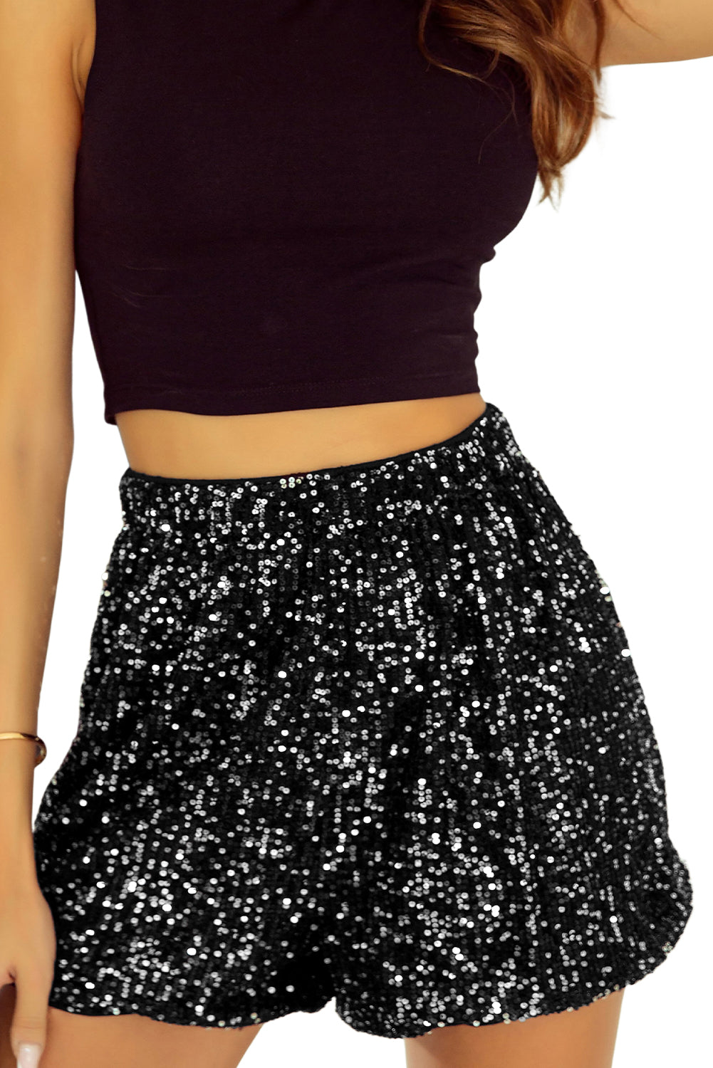 Black Sequin Straight Leg High Waist Casual Shorts - SELFTRITSS