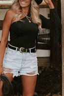 Black One Shoulder Fringed Long Sleeve Bodysuit - SELFTRITSS