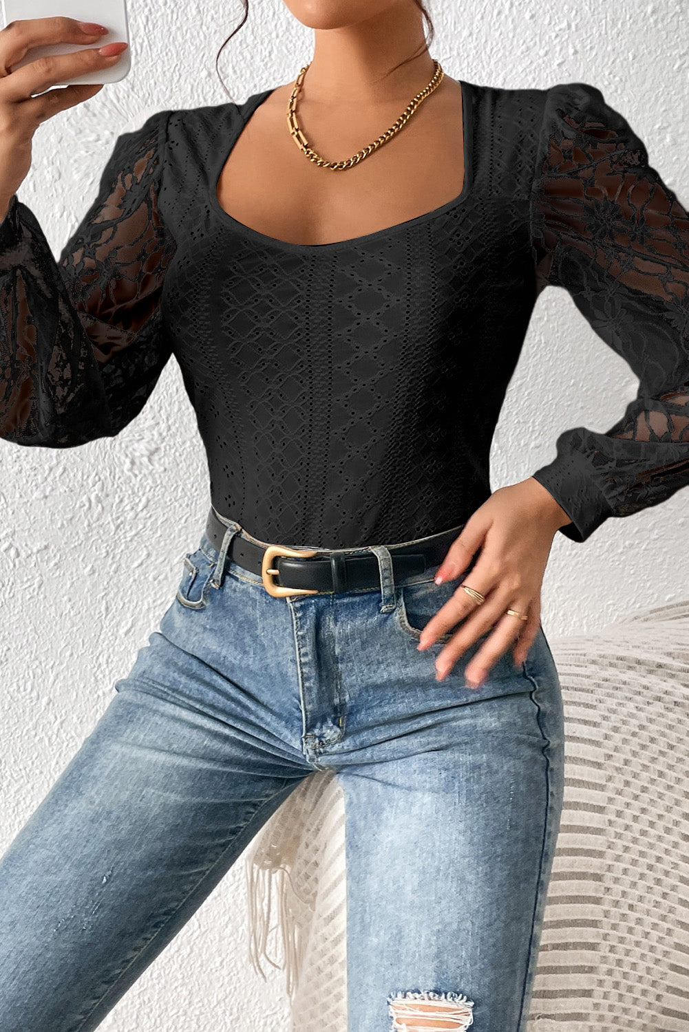 Black Frenchy Contrast Lace Bishop Sleeve Bodysuit - SELFTRITSS