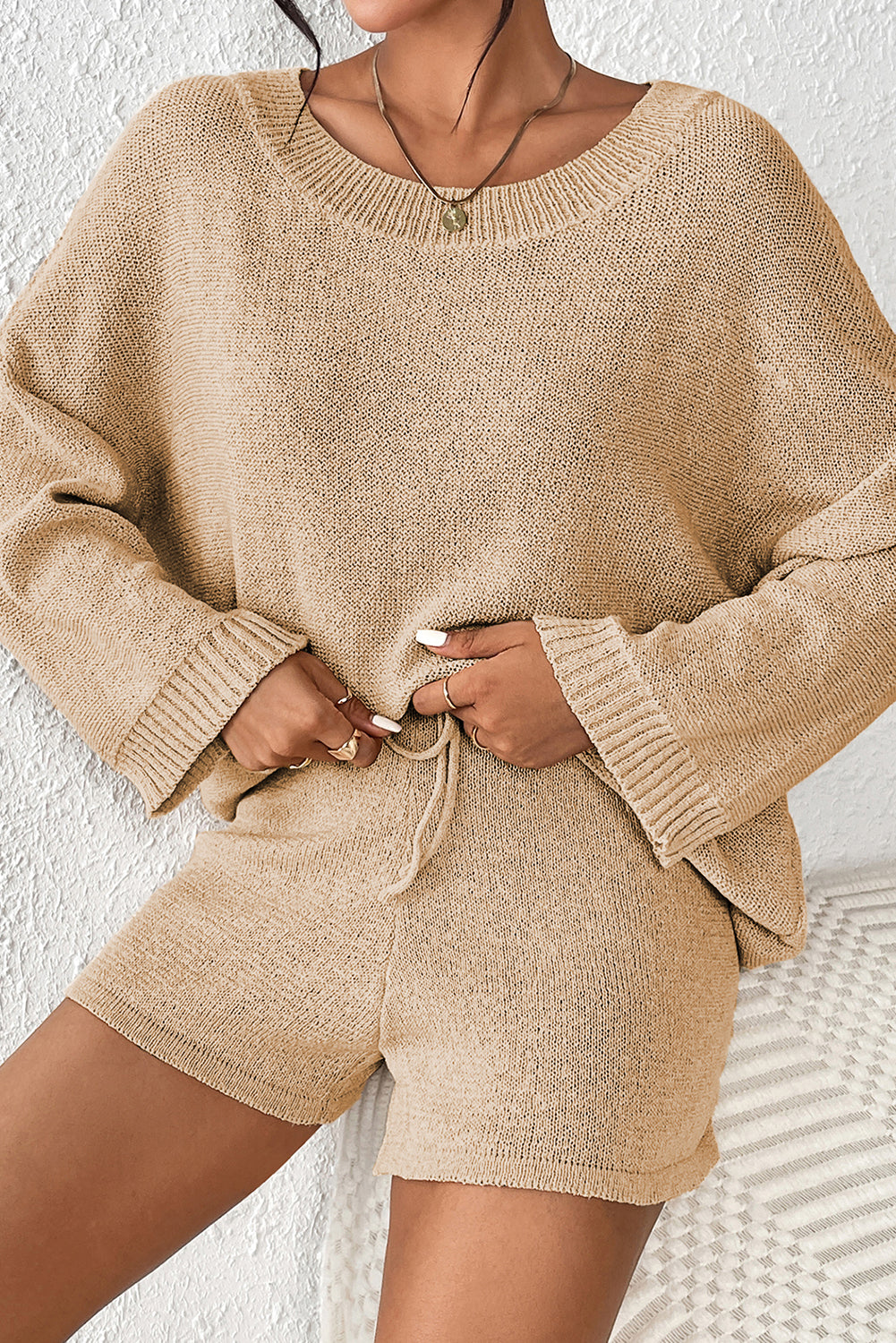 Khaki Solid Sweater Drawstring Shorts Outfit - SELFTRITSS