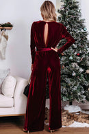 Fiery Red Velvet Pocketed Cut out Back Wide Leg Jumpsuit - SELFTRITSS