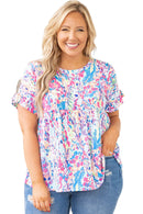 Purple Vibrant Botanical Print Frill Short Sleeve Plus Size Top - SELFTRITSS   