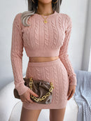 Cable-Knit Round Neck Top and Skirt Sweater Set - SELFTRITSS