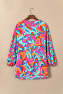 Multicolor Plus Size Abstract Print Pleated Surplice Long Sleeve Dress - SELFTRITSS