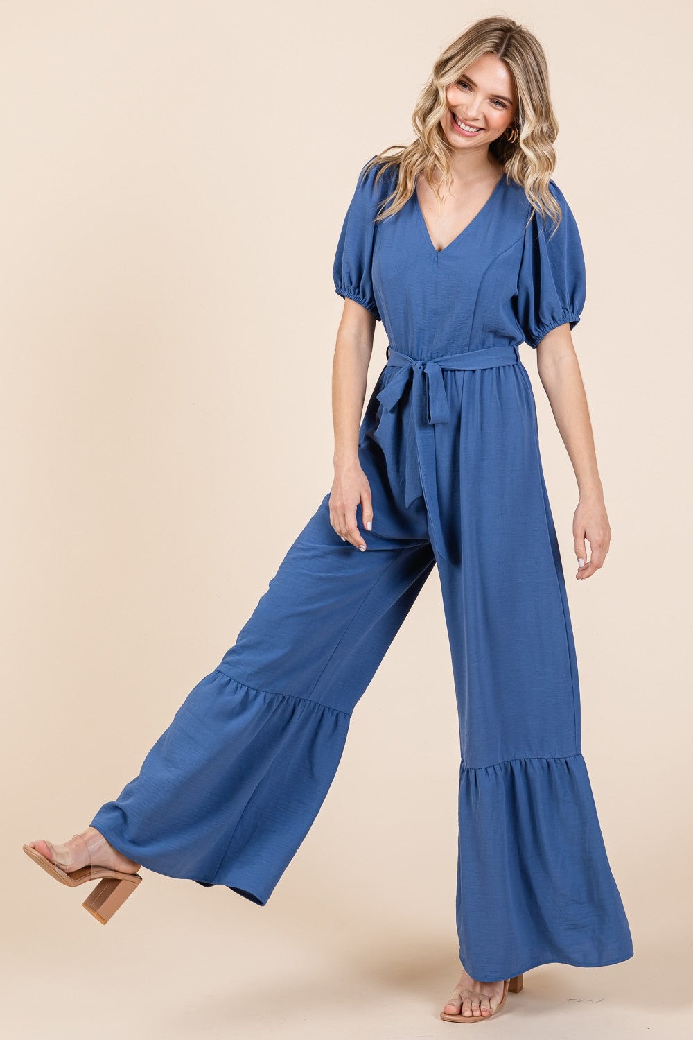 GeeGee Full Size V-Neck Belted Wide Leg Jumpsuit - SELFTRITSS