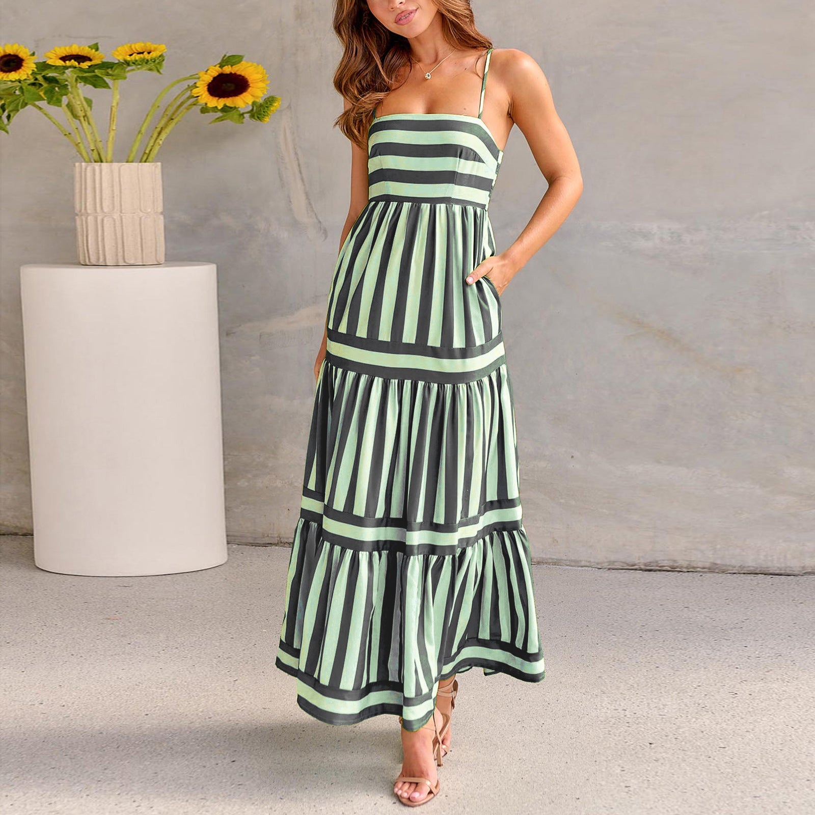 Summer Striped Printed Suspender Long Dress With Pockets - SELFTRITSS   