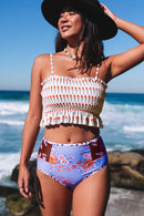 White Printed Smocked High waisted swimsuits - SELFTRITSS
