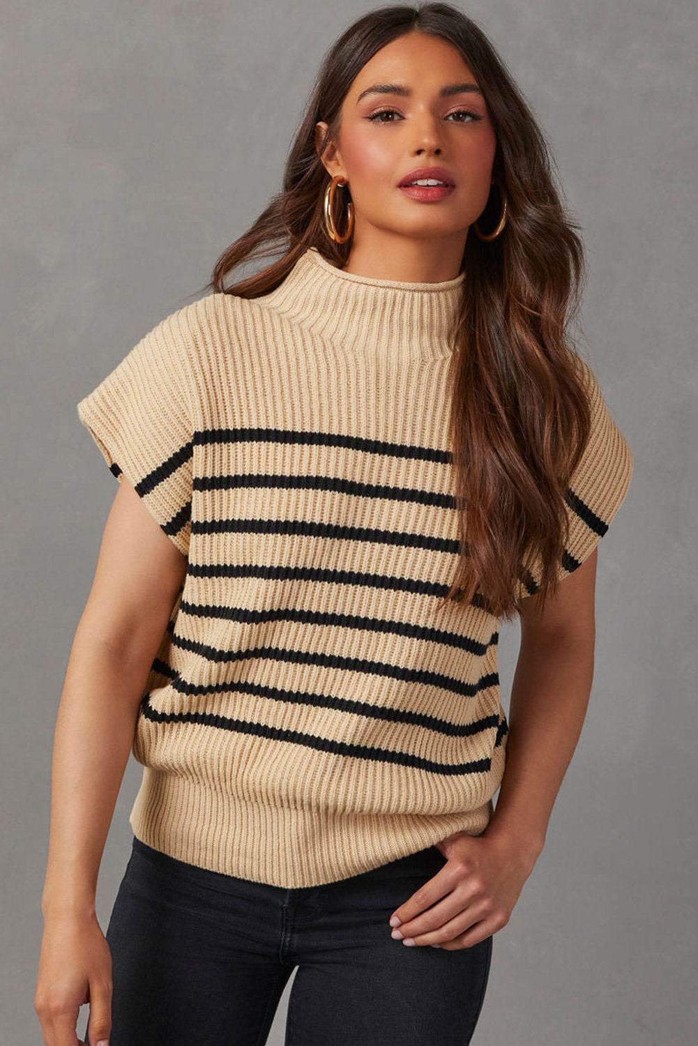 Parchment Striped Ribbed Knit High Neck Sweater - SELFTRITSS   