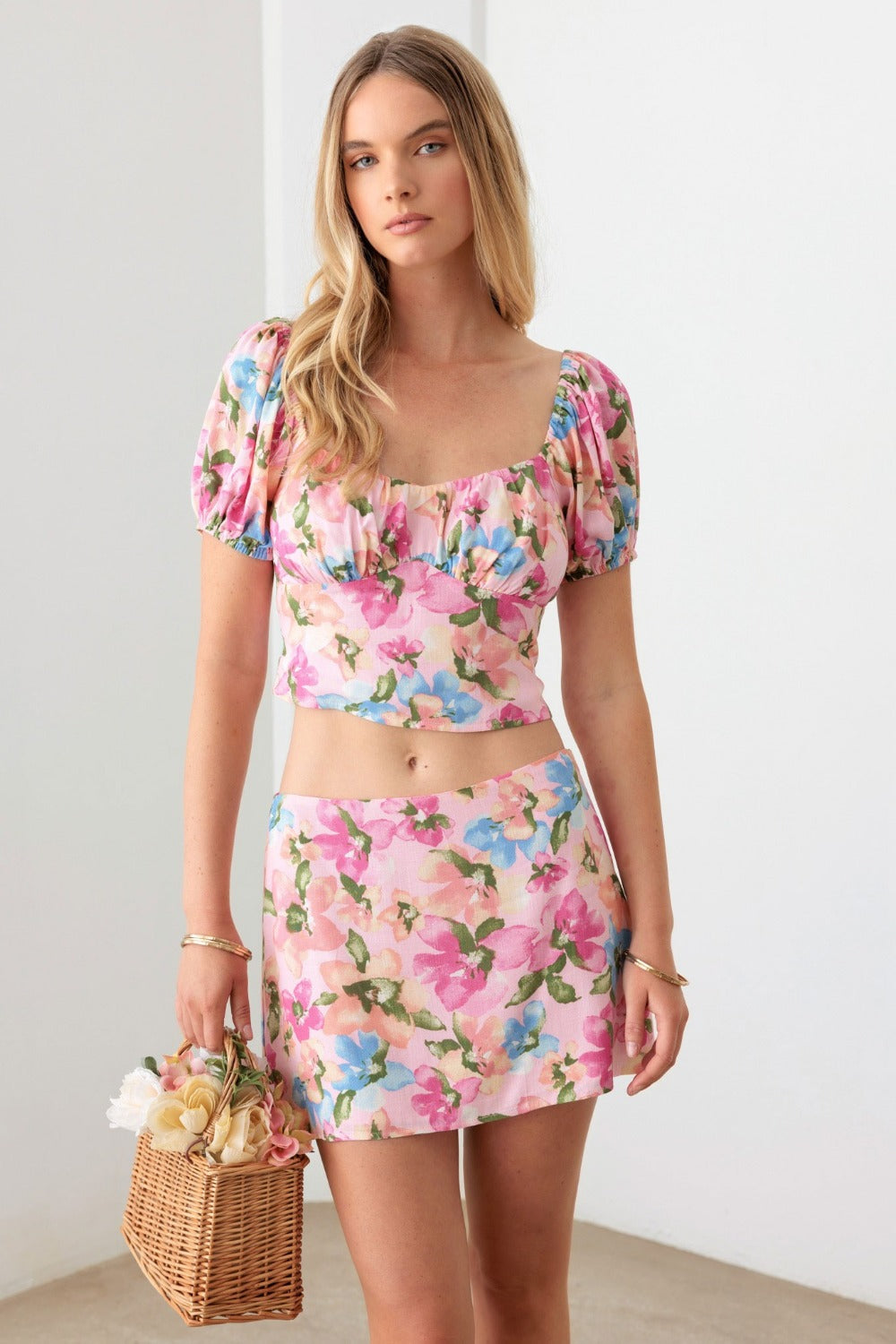 Le Lis Floral Puff Sleeve Crop Top and Mini Skirt Set - SELFTRITSS   