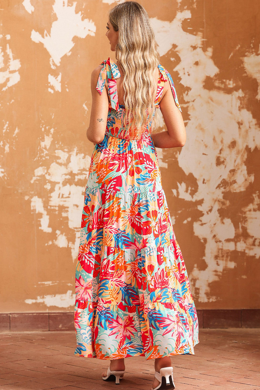 Multicolor Vibrant Tropical Print Smocked Ruffle Tiered Maxi Dress - SELFTRITSS