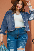 Dark Blue Plus Size Distressed Flap Pocket Denim Jacket - SELFTRITSS