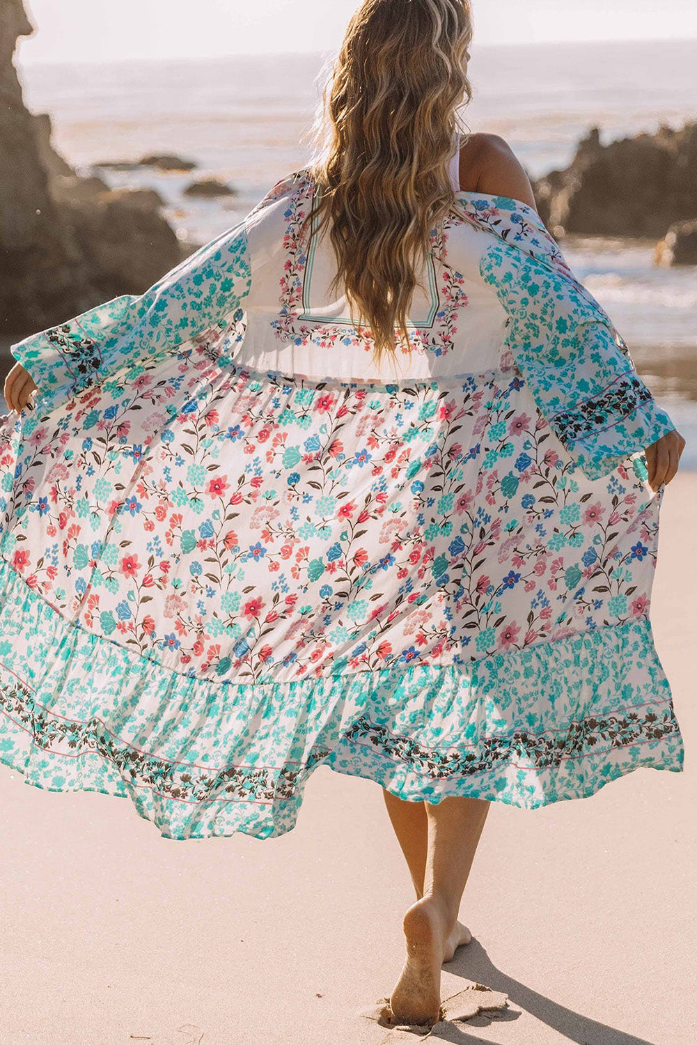 Long Sleeve Tassel Tie Floral Kimono