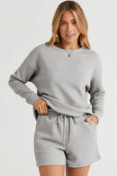 Gray Textured Long Sleeve Top and Drawstring Shorts Set - SELFTRITSS