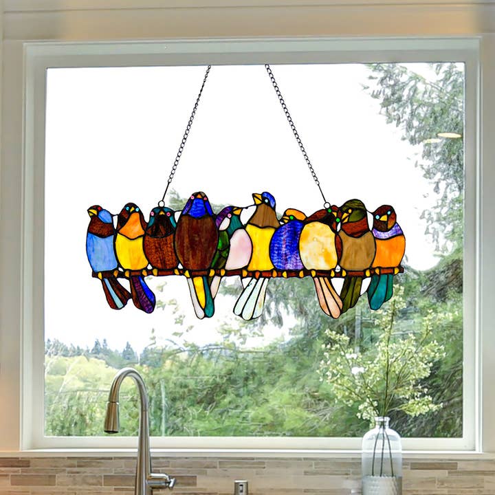 9.5"H Marisol Multicolor Birds Stained Glass Window Panel