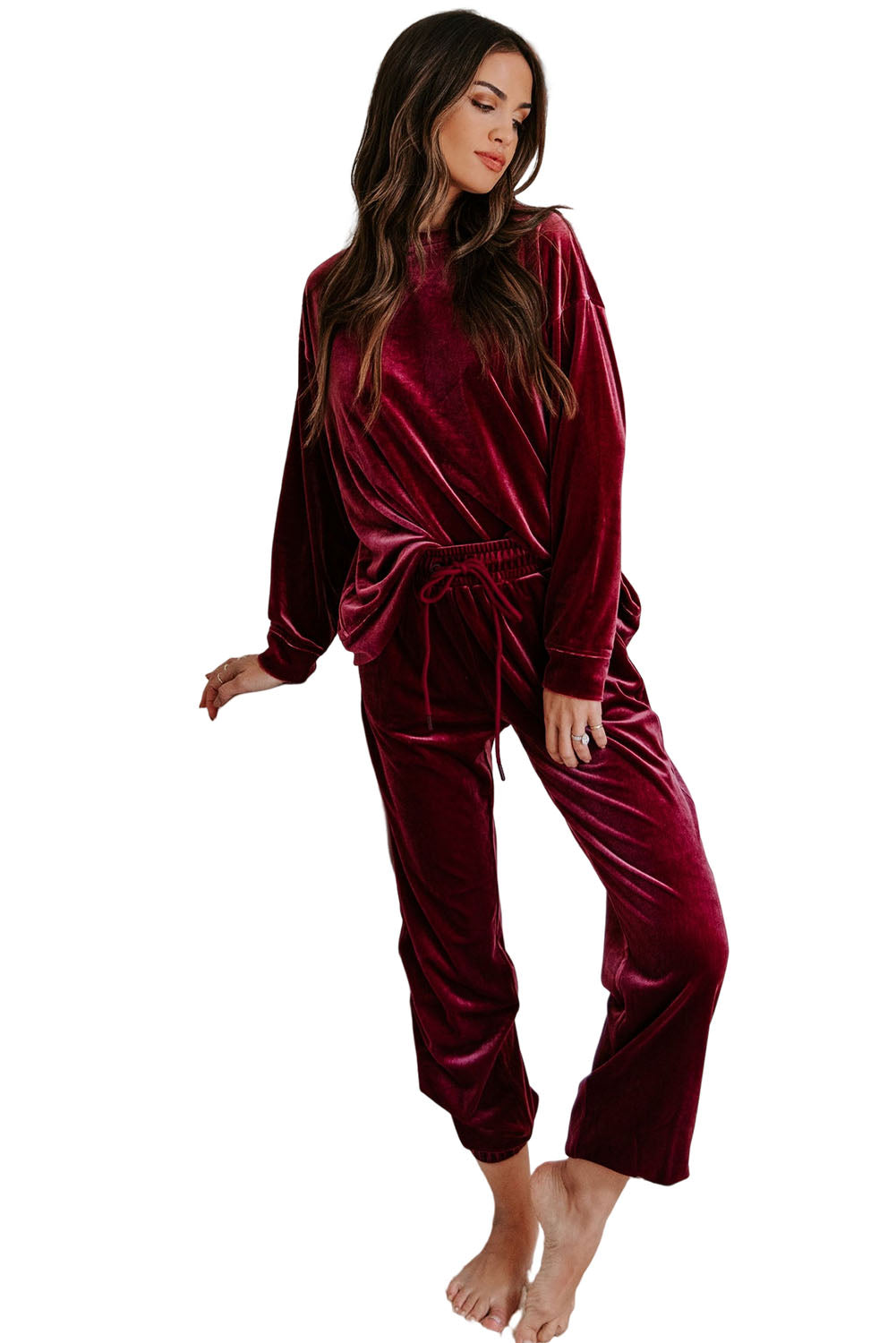 Fiery Red Solid Velvet Two Piece Lounge Set - SELFTRITSS