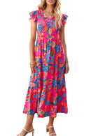 Rose Red Boho Floral V Neck Ruffle Tiered Long Dress - SELFTRITSS