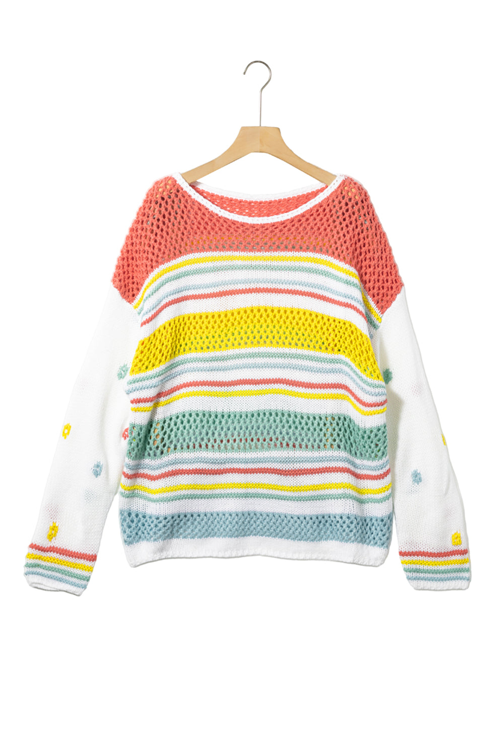 Multicolor Hollow Striped Knit Contrast Sleeve Sweater - SELFTRITSS